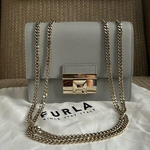 FURLA mini cross body/shoulder bag. Grey with gold. 7.25”w x 5.5”h x 3.5”d.
